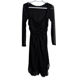 NWOT | Black Sheer Long Sleeve Ruched Twist Front Ruffle Hem Midi Dress | Small